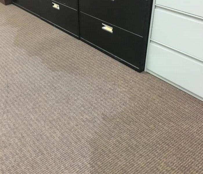 Water in carpet by filing cabinets in office